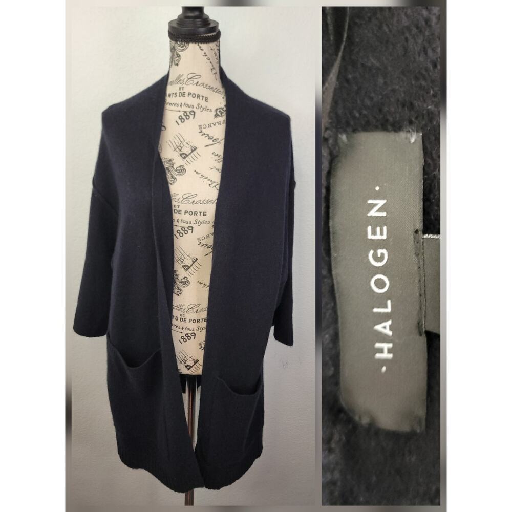 Halogen Open Cardigan OS One Size Black 100% Cashmere Short Sleeves Pockets